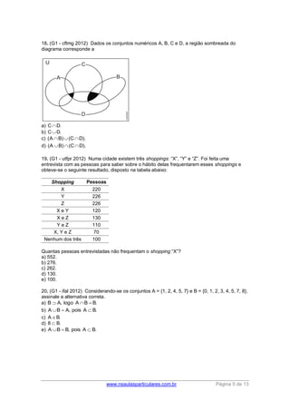 www.nsaulasparticulares.com.br Página 5 de 13 
18. (G1 - cftmg 2012) Dados os conjuntos numéricos A, B, C e D, a região sombreada do 
diagrama corresponde a 
a) CD. 
b) CD. 
c) (A B)(CD). 
d) (A B)(CD). 
19. (G1 - utfpr 2012) Numa cidade existem três shoppings: “X”, “Y” e “Z”. Foi feita uma 
entrevista com as pessoas para saber sobre o hábito delas frequentarem esses shoppings e 
obteve-se o seguinte resultado, disposto na tabela abaixo: 
Shopping Pessoas 
X 220 
Y 226 
Z 226 
X e Y 120 
X e Z 130 
Y e Z 110 
X, Y e Z 70 
Nenhum dos três 100 
Quantas pessoas entrevistadas não frequentam o shopping “X”? 
a) 552. 
b) 276. 
c) 262. 
d) 130. 
e) 100. 
20. (G1 - ifal 2012) Considerando-se os conjuntos A = {1, 2, 4, 5, 7} e B = {0, 1, 2, 3, 4, 5, 7, 8}, 
assinale a alternativa correta. 
a) B  A, logo A B  B. 
b) AB  A, pois A  B. 
c) A B. 
d) 8  B. 
e) A B  B, pois A  B. 
 