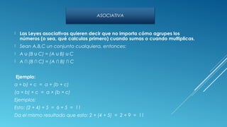  Las Leyes asociativas quieren decir que no importa cómo agrupes los
números (o sea, qué calculas primero) cuando sumas o cuando multiplicas.
 Sean A,B,C un conjunto cualquiera, entonces:
 A (B C) = (A B) C∪ ∪ ∪ ∪
 A ∩ (B ∩ C) = (A ∩ B) ∩ C
Ejemplo:
a + b) + c = a + (b + c)
(a × b) × c = a × (b × c)
Ejemplos:
Esto: (2 + 4) + 5 = 6 + 5 = 11
Da el mismo resultado que esto: 2 + (4 + 5) = 2 + 9 = 11
ASOCIATIVA
 