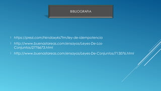  https://prezi.com/hkndaxyks7tm/ley-de-idempotencia
 http://www.buenastareas.com/ensayos/Leyes-De-Los-
Conjuntos/2776673.html
 http://www.buenastareas.com/ensayos/Leyes-De-Conjuntos/713076.html
 