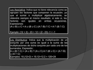 Ley Asociativa: Indica que no tiene relevancia como se
agrupen los factores que componen la ecuación, ya
que al sumar o multiplicar algebraicamente, se
obtendrá siempre el mismo resultado, si solo si, los
factores son iguales en ambas ecuaciones.
Expresiones:
(A ∪ B) ∪ C = A ∪ (B ∪ C ) (A ∩ B) ∩ C = A ∩ (B ∩ C)
Ejemplo: (12 + 2) - 23 = 12 + (2 - 23) -1 = -1
Ley Distributiva: Indica que la multiplicación de un
conjunto por una suma es igual a la suma de las
multiplicaciones de dicho conjunto por cada uno de los
sumandos. Expresión:
A ∪ (B ∩ C) = (A ∪ B) ∩ (A ∪ C) A ∩ (B ∪ C) = (A ∩ B)
∪ (A ∩ C)
Ejemplos: 10.(12+2) = 10.12+12.2 = 120+24
 