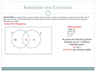 Resolução dos Exercícios
06) (UF-BH) Um colégio ofereceu cursos de inglês e francês, devendo os alunos se matricularem em pelo menos um deles. Dos 45
alunos de uma classe, 13 resolveram estudar tanto inglês quanto francês; em francês, matricularam-se 22 alunos. Quantos alunos se
matricularam em inglês?
Informações:
Total: 45
I e F = 13
F = 22
I = ?
Temos No Diagrama:
I F
13 9 Se temos um total de 45 alunos
Fazemos 45-22 = 23 alunos
Portanto temos:
23 +13 =
36 alunos que estudam Inglês
23
 