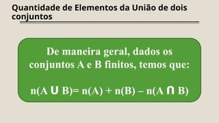 Quantidade de Elementos da União de dois
conjuntos
De maneira geral, dados os
conjuntos A e B finitos, temos que:
n(A ᑌ B)= n(A) + n(B) – n(A ᑎ B)
 