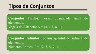 Tipos de Conjuntos
Conjuntos Finitos: possui quantidade finita de
elementos.
Vogais do Alfabeto: A = {a, e, i, o, u}
Conjuntos Infinitos: possui quantidade infinita de
elementos.
Números Primos: P = {2, 3, 5, 7, 11, ...}
 