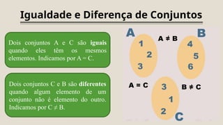 Igualdade e Diferença de Conjuntos
Dois conjuntos A e C são iguais
quando eles têm os mesmos
elementos. Indicamos por A = C.
Dois conjuntos C e B são diferentes
quando algum elemento de um
conjunto não é elemento do outro.
Indicamos por C ≠ B.
 