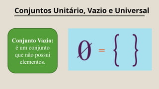 Conjuntos Unitário, Vazio e Universal
Conjunto Vazio:
é um conjunto
que não possui
elementos.
 