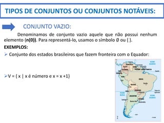 Denominamos de conjunto vazio aquele que não possui nenhum
elemento (n(0)). Para representá-lo, usamos o símbolo ∅ ou { }.
EXEMPLOS:
 Conjunto dos estados brasileiros que fazem fronteira com o Equador:
V = { x | x é número e x = x +1}
TIPOS DE CONJUNTOS OU CONJUNTOS NOTÁVEIS:
CONJUNTO VAZIO:
 