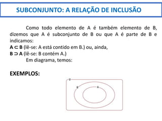 SUBCONJUNTO: A RELAÇÃO DE INCLUSÃO
Como todo elemento de A é também elemento de B,
dizemos que A é subconjunto de B ou que A é parte de B e
indicamos:
A ⊂ B (lê-se: A está contido em B.) ou, ainda,
B ⊃ A (lê-se: B contém A.)
Em diagrama, temos:
EXEMPLOS:
 