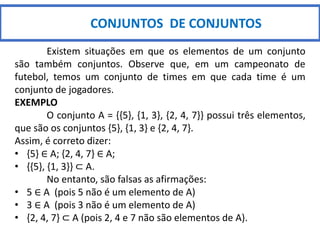 CONJUNTOS DE CONJUNTOS
Existem situações em que os elementos de um conjunto
são também conjuntos. Observe que, em um campeonato de
futebol, temos um conjunto de times em que cada time é um
conjunto de jogadores.
EXEMPLO
O conjunto A = {{5}, {1, 3}, {2, 4, 7}} possui três elementos,
que são os conjuntos {5}, {1, 3} e {2, 4, 7}.
Assim, é correto dizer:
• {5} ∈ A; {2, 4, 7} ∈ A;
• {{5}, {1, 3}} ⊂ A.
No entanto, são falsas as afirmações:
• 5 ∈ A (pois 5 não é um elemento de A)
• 3 ∈ A (pois 3 não é um elemento de A)
• {2, 4, 7} ⊂ A (pois 2, 4 e 7 não são elementos de A).
 