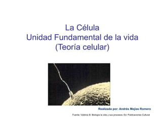 La Célula
Unidad Fundamental de la vida
(Teoría celular)
Realizada por: Andrés Mejías Romero
Fuente: Valdivia B. Biología la vida y sus procesos. Ed. Publicaciones Cultural
 