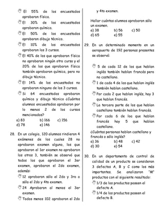  El 55% de los encuestados
aprobaron física.
El 30% de los encuestados
aprobaron química.
El 50% de los encuestados
aprobaron dibujo técnico.
El 10% de los encuestados
aprobaron los 3 cursos.
El 40% de los que aprobaron física
no aprobaron ningún otro curso y el
20% de los que aprobaron física
también aprobaron química, pero no
dibujo técnico.
El 14% de los encuestados no
aprobaron ninguno de los 3 cursos.
Si 64 encuestados aprobaron
química y dibujo técnico ¿Cuántos
alumnos encuestados aprobaron por
lo menos 2 de los cursos
mencionados?
a) 83 b) 166 c) 156
d) 78 e) 146
28. En un colegio, 120 alumnos rindieron 4
exámenes de los cuales 28 no
aprobaron examen alguno, los que
aprobaron el 1er examen no aprobaron
los otros 3, también se observó que
todos los que aprobaron el 3er
examen, aprobaron el 2do examen,
además:
12 aprobaron sólo el 2do y 3ro o
sólo el 2do y 4to examen.
24 Aprobaron al menos el 3er
examen.
Todos menos 102 aprobaron el 2do
y 4to examen.
Hallar cuántos alumnos aprobaron sólo
un examen.
a) 38 b) 56 c) 50
d) 65 e) 55
29. En un determinado momento en un
aeropuerto de 192 personas presentes
se observó:
 5 de cada 12 de los que hablan
inglés también hablan francés pero
no castellano.
1 de cada 4 de los que hablan inglés
también hablan castellano.
Por cada 2 que hablan inglés, hay 3
que hablan francés.
La tercera parte de los que hablan
castellano también hablan francés.
Por cada 6 de loa que hablan
francés hay 5 que hablan
castellano.
¿Cuántas personas hablan castellano y
francés o sólo inglés?
a) 36 b) 48 c) 42
d) 30 e) 54
30. En un departamento de control de
calidad de un producto se consideran
3 defectos A, B y C como los más
importantes. Se analizaron “M”
productos con el siguiente resultado:
1/3 de los productos poseen el
defecto A.
1/4 de los productos poseen el
defecto B.
 