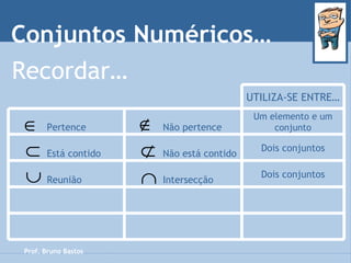 Conjuntos Numéricos… Prof. Bruno Bastos Recordar… UTILIZA-SE ENTRE… Dois conjuntos Intersecção Reunião Dois conjuntos Não está contido Está contido Um elemento e um conjunto Não pertence Pertence 