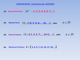 SUBCONJUNTOS importantes dos NATURAIS


1º) Naturais Não Nulos:      IN * = {1, 2, 3, 4, 5, 6, 7,...}



2º)   Naturais Pares:     INP = { 0, 2, 4, 6,..., 2n, ...} , com       n       IN


3º)   Naturais Ímpares:    IN I = { 1, 3, 5, 7,..., 2n+1, ...} , com       n        IN



4º)   Números Primos: P =         { 2, 3, 5, 7, 11, 13, 17, 19, ...}
 