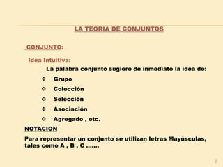 2
CONJUNTO:
Idea Intuitiva:
La palabra conjunto sugiere de inmediato la idea de:
 Grupo
 Colección
 Selección
 Asociación
 Agregado , etc.
NOTACION
Para representar un conjunto se utilizan letras Mayúsculas,
tales como A , B , C .......
LA TEORIA DE CONJUNTOS
 