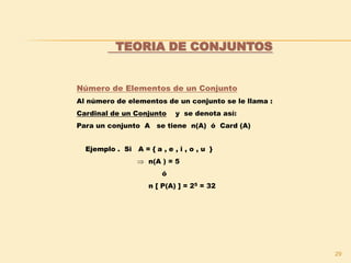 29
TEORIA DE CONJUNTOS
Número de Elementos de un Conjunto
Al número de elementos de un conjunto se le llama :
Cardinal de un Conjunto y se denota así:
Para un conjunto A se tiene n(A) ó Card (A)
Ejemplo . Si A = { a , e , i , o , u }
 n(A ) = 5
ó
n [ P(A) ] = 25 = 32
 