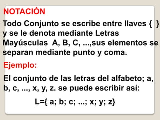NOTACIÓN
Todo Conjunto se escribe entre llaves { }
y se le denota mediante Letras
Mayúsculas A, B, C, ...,sus elementos se
separan mediante punto y coma.
Ejemplo:
El conjunto de las letras del alfabeto; a,
b, c, ..., x, y, z. se puede escribir así:
        L={ a; b; c; ...; x; y; z}
 