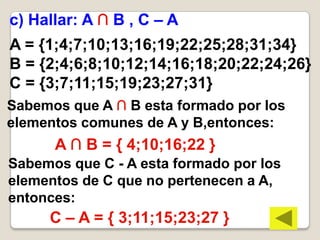 c) Hallar: A ∩ B , C – A
A = {1;4;7;10;13;16;19;22;25;28;31;34}
B = {2;4;6;8;10;12;14;16;18;20;22;24;26}
C = {3;7;11;15;19;23;27;31}
Sabemos que A ∩ B esta formado por los
elementos comunes de A y B,entonces:
      A ∩ B = { 4;10;16;22 }
Sabemos que C - A esta formado por los
elementos de C que no pertenecen a A,
entonces:
     C – A = { 3;11;15;23;27 }
 