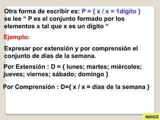 Otra forma de escribir es: P = { x / x = 1dígito }
se lee “ P es el conjunto formado por los
elementos x tal que x es un dígito “
Ejemplo:
Expresar por extensión y por comprensión el
conjunto de días de la semana.
Por Extensión : D = { lunes; martes; miércoles;
jueves; viernes; sábado; domingo }

Por Comprensión : D={ x / x = días de la semana }



                                                     INDICE
 
