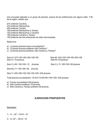 Una encuesta aplicada a un grupo de jóvenes, acerca de las preferencias por alguna radio F.M.
de la región, señaló que:

277 preferían Carolina
233 preferían Manquehue
405 preferían Tiempo
165 preferían Manquehue y Tiempo
120 preferían Manquehue y Carolina
190 preferían Carolina y Tiempo
105 preferían las tres estaciones de radio mencionadas

Determine:

a) ¿Cuántos jóvenes fueron encuestados?
b) ¿Cuántos jóvenes prefieren sólo Carolina?
c) ¿Cuántos jóvenes prefieren sólo Carolina y Tiempo?


Solo C= 277-120+105-190+105-105                  Solo M= 233-120+105-105-165+105
Solo C= 72 jóvenes                               Solo M= 53 jóvenes

Solo C y M= 120-105= 15    Jóvenes               Solo C y T= 190-105= 85 jóvenes

Solo M y T= 165-105= 60    jóvenes

Sólo T= 405-190+105-165+105-105= 545 jóvenes

Total jóvenes encuestados= 72+53+15+85+60+155+105= 545 jóveses

a) Fueron encuestados 545 jóvenes
b) Sólo Carolina prefieren 72 jóvenes
c) Solo Carolina y Tiempo prefieren 85 jóvenes




                               EJERCICIOS PROPUESTOS



Demostrar:


1.- A  (Ac  )=A  B

2.- A(Ac  B)=A  B
 