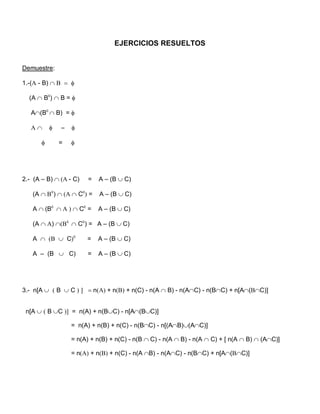 EJERCICIOS RESUELTOS


Demuestre:

1.-( - B)    

  (A  Bc)  B = 

   A(Bc  B) = 

               

              =   




2.- (A – B) - C)    =   A – (B C)

   (A c) Cc =     A – (B C)

   A (Bc   Cc =      A – (B C)

   (A ) c  Cc) = A – (B C)

   A    Cc         =    A – (B C)

   A – (B  C)          =    A – (B C)




3.- n[A   B  C    n + n + n(C) - n(A  B) - n(AC) - n(BC) + n[A(C)]


 n[A   B C  = n(A) + n(BC) - n[A(BC)]

                   = n(A) + n(B) + n(C) - n(BC) - n[(AB)(AC)]

                   = n(A) + n(B) + n(C) - n(B  C) - n(A  B) - n(A  C) + [ n(A  B)  (AC)]

                   = n + n + n(C) - n(A B) - n(AC) - n(BC) + n[A(C)]
 