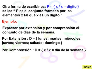 Otra forma de escribir es: P = { x / x = dígito }
se lee “ P es el conjunto formado por los
elementos x tal que x es un dígito “
Ejemplo:
Expresar por extensión y por comprensión el
conjunto de días de la semana.
Por Extensión : D = { lunes; martes; miércoles;
jueves; viernes; sábado; domingo }
Por Comprensión : D = { x / x = día de la semana }
INDICE
 
