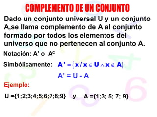 Dado un conjunto universal U y un conjunto
A,se llama complemento de A al conjunto
formado por todos los elementos del
universo que no pertenecen al conjunto A.
Notación: A’ o AC
Ejemplo:
U ={1;2;3;4;5;6;7;8;9} A ={1;3; 5; 7; 9}y
Simbólicamente: }{A ' x / x U x A= ∈ ∧ ∉
A’ = U - A
 