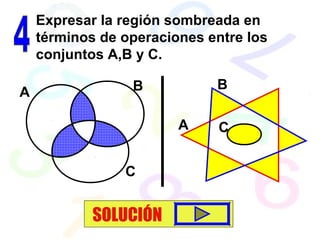 Expresar la región sombreada en
términos de operaciones entre los
conjuntos A,B y C.
A B
C
A
B
C
SOLUCIÓN
 