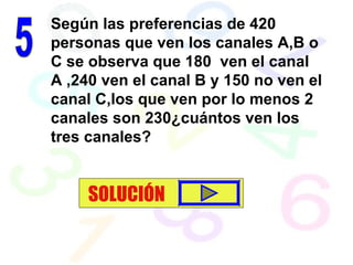 Según las preferencias de 420
personas que ven los canales A,B o
C se observa que 180 ven el canal
A ,240 ven el canal B y 150 no ven el
canal C,los que ven por lo menos 2
canales son 230¿cuántos ven los
tres canales?
SOLUCIÓN
 