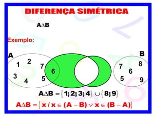 7 6 5 5 6 A B Exemplo: 9 8 7 3 1 4 2 DIFERENÇA SIMÉTRICA 