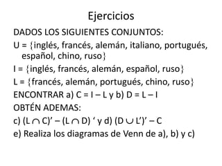 Ejercicios 
DADOS LOS SIGUIENTES CONJUNTOS: 
U = inglés, francés, alemán, italiano, portugués, 
español, chino, ruso 
I = inglés, francés, alemán, español, ruso 
L = francés, alemán, portugués, chino, ruso 
ENCONTRAR a) C = I – L y b) D = L – I 
OBTÉN ADEMAS: 
c) (L  C)’ – (L  D) ‘ y d) (D  L’)’ – C 
e) Realiza los diagramas de Venn de a), b) y c) 
 