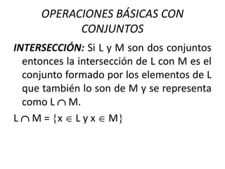 OPERACIONES BÁSICAS CON 
CONJUNTOS 
INTERSECCIÓN: Si L y M son dos conjuntos 
entonces la intersección de L con M es el 
conjunto formado por los elementos de L 
que también lo son de M y se representa 
como L  M. 
L  M = x  L y x  M 
 