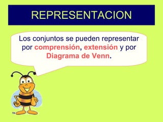 REPRESENTACION Los conjuntos se pueden representar por  comprensión ,  extensión  y por  Diagrama de Venn . 
