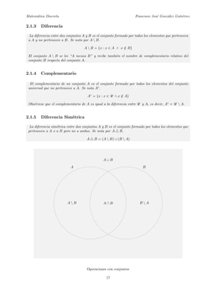 Matem´atica Discreta Francisco Jos´e Gonz´alez Guti´errez
2.1.3 Diferencia
La diferencia entre dos conjuntos A y B es el conjunto formado por todos los elementos que pertenecen
a A y no pertenecen a B. Se nota por A  B.
A  B = {x : x ∈ A ∧ x ∈/ B}
El conjunto A  B se lee “A menos B” y recibe tambi´en el nombre de complementario relativo del
conjunto B respecto del conjunto A.
2.1.4 Complementario
El complementario de un conjunto A es el conjunto formado por todos los elementos del conjunto
universal que no pertenecen a A. Se nota Ac
.
Ac
= {x : x ∈ U ∧ x ∈/ A}
Obs´ervese que el complementario de A es igual a la diferencia entre U y A, es decir, Ac
= U  A.
2.1.5 Diferencia Sim´etrica
La diferencia sim´etrica entre dos conjuntos A y B es el conjunto formado por todos los elementos que
pertenecen a A o a B pero no a ambos. Se nota por A B.
A B = (A  B) ∪ (B  A)
A ∪ B
A
A  B A ∩ B B  A
B
Operaciones con conjuntos
17
 