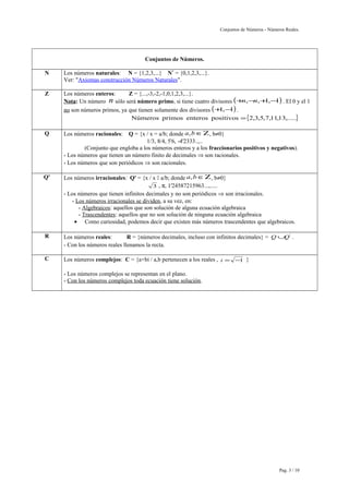 Conjuntos de Números - Números Reales. 
Conjuntos de Números. 
N Los números naturales: N = {1,2,3,...} N* = {0,1,2,3,...}. 
Ver: "Axiomas construcción Números Naturales". 
Z Los números enteros: Z = {...,-3,-2,-1,0,1,2,3,...}. 
Nota: Un número n sólo será número primo, si tiene cuatro divisores (+n,-n,+1,-1) . El 0 y el 1 
no son números primos, ya que tienen solamente dos divisores (+1,-1) . 
Números primos enteros positivos ={2,3,5,7,11,13,.....} 
Q Los números racionales: Q = {x / x = a/b; donde a,bÎZ, b¹0} 
1/3, 8/4, 5'6, -4'2333..,.. 
(Conjunto que engloba a los números enteros y a los fraccionarios positivos y negativos). 
- Los números que tienen un número finito de decimales Þ son racionales. 
- Los números que son periódicos Þ son racionales. 
Q' Los números irracionales: Q' = {x / x  a/b; donde a,bÎZ, b¹0} 
3 , p, 1'24587215963...,..... 
- Los números que tienen infinitos decimales y no son periódicos Þ son irracionales. 
- Los números irracionales se dividen, a su vez, en: 
- Algebraicos: aquellos que son solución de alguna ecuación algebraica 
- Trascendentes: aquellos que no son solución de ninguna ecuación algebraica 
· Como curiosidad, podemos decir que existen más números trascendentes que algebraicos. 
R Los números reales: R = {números decimales, incluso con infinitos decimales} = QÈQ' . 
- Con los números reales llenamos la recta. 
C Los números complejos: C = {a+bi / a,b pertenecen a los reales , i = -1 } 
- Los números complejos se representan en el plano. 
- Con los números complejos toda ecuación tiene solución. 
Pag. 3 / 10 
 