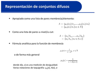 Representación de conjuntos difusos
 Apropiado como una lista de pares membresía/elemento:
 Como una lista de pares -nivel/-cut:
 Fórmula analítica para la función de membresía
o de forma más general
donde d(x, v) es una medición de desigualdad.
Varias notaciones de taquigrafía: A(x), A(x), a
 