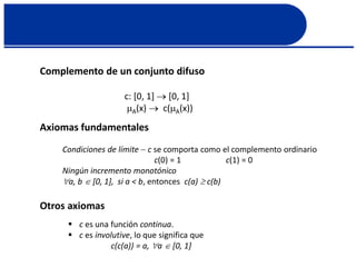 Complemento de un conjunto difuso
c: [0, 1]  [0, 1]
A(x)  c(A(x))
Axiomas fundamentales
Condiciones de límite  c se comporta como el complemento ordinario
c(0) = 1 c(1) = 0
Ningún incremento monotónico
a, b  [0, 1], si a < b, entonces c(a)  c(b)
Otros axiomas
 c es una función continua.
 c es involutive, lo que significa que
c(c(a)) = a, a  [0, 1]
 