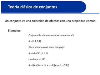 Teoría clásica de conjuntos
Un conjunto es una colección de objetos con una propiedad común.
Ejemplos:
Conjunto de números naturales menores a 5:
A = {1,2,3,4}
Disco unitario en el plano complejo:
A = {zIz Є C, IzI  1}
Una línea en IR2:
A = {(x, y)I ax + by + c = 0 [x,y,a,b,c Є IR]}
 