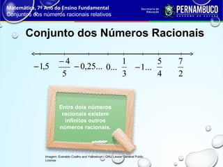 Conjunto dos Números Racionais
Matemática, 7º Ano do Ensino Fundamental
Conjuntos dos números racionais relativos
Imagem: Everaldo Coelho and YellowIcon / GNU Lesser General Public
License
Entre dois números
racionais existem
infinitos outros
números racionais.
5,1−
5
4−
...25,0−
3
1
4
5
2
7
...1−...0
 