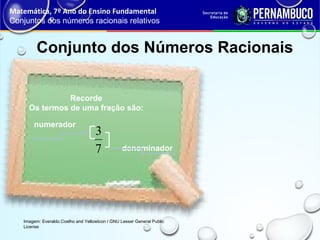 Conjunto dos Números Racionais
Matemática, 7º Ano do Ensino Fundamental
Conjuntos dos números racionais relativos
Imagem: Everaldo Coelho and YellowIcon / GNU Lesser General Public
License
Recorde
Os termos de uma fração são:
numerador
denominador7
3
 