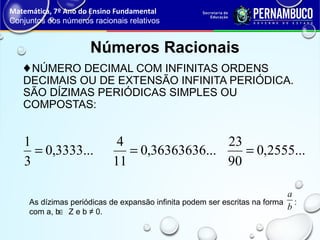♦NÚMERO DECIMAL COM INFINITAS ORDENS
DECIMAIS OU DE EXTENSÃO INFINITA PERIÓDICA.
SÃO DÍZIMAS PERIÓDICAS SIMPLES OU
COMPOSTAS:
Números Racionais
As dízimas periódicas de expansão infinita podem ser escritas na forma :
com a, b Z e b ≠ 0.
Matemática, 7º Ano do Ensino Fundamental
Conjuntos dos números racionais relativos
...3333,0
3
1
= ...36363636,0
11
4
= ...2555,0
90
23
=
b
a
∈
 