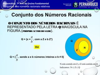 OCONJUNTODOS NÚMEROS RACIONAIS É
REPRESENTADO PELA LETRA Q MAIÚSCULA NA
FIGURA.(PRÓPRIO AUTORDO SLIDE).
Conjunto dos Números Racionais
Matemática, 7º Ano do Ensino Fundamental
Conjuntos dos números racionais relativos
Q
N
Z
OU
Q = {x = , com a Z e b Z*}
b
a
Q = { , sendo a e b números inteiros e b ≠ 0}
b
a
QZN:Indicamos
QemcontidoestáZeZ,emcontidoestáN
⊂⊂
 