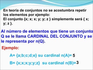 Ejemplo: A= {a;b;c;d;e} su cardinal n(A)= B= {x;x;x;y;y;z}  su cardinal n(B)=  En teoría de conjuntos no se acostumbra repetir los elementos por ejemplo: El conjunto {x; x; x; y; y; z } simplemente será { x; y; z }. Al número de elementos que tiene un conjunto Q se le llama CARDINAL DEL CONJUNTO y se le representa por n(Q). 5 3 