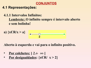 CONJUNTOS 4.1 Representações: 4.1.1 Intervalos Infinitos: Lembrete:  O infinito sempre é intervalo aberto e sem bolinha! a) {x Є R/x > a} Aberto à esquerda e vai para o infinito positivo. Por colchetes:  ]  2,  [ Por desigualdades : {xЄR/  x > 2} 