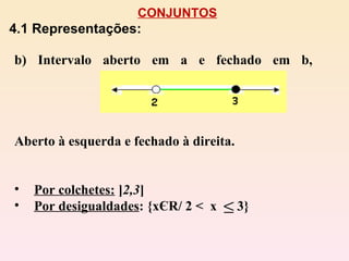 CONJUNTOS 4.1 Representações: b) Intervalo aberto em a e fechado em b,  Aberto à esquerda e fechado à direita. Por colchetes:  ] 2,3 ] Por desigualdades : {xЄR/ 2 <  x  3} 