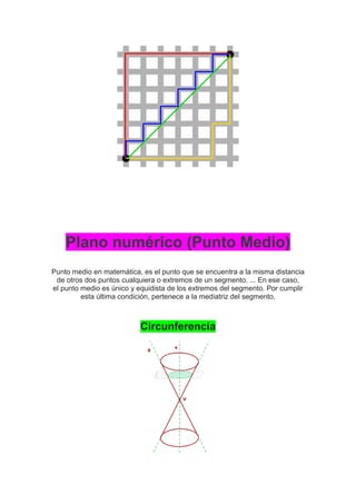 Plano numérico (Punto Medio)
Punto medio en matemática, es el punto que se encuentra a la misma distancia
de otros dos puntos cualquiera o extremos de un segmento. ... En ese caso,
el punto medio es único y equidista de los extremos del segmento. Por cumplir
esta última condición, pertenece a la mediatriz del segmento.
Circunferencia
 