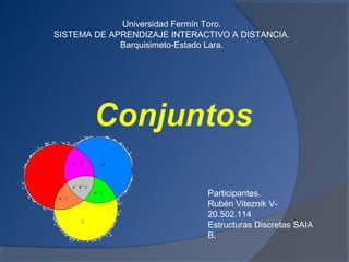 Universidad Fermín Toro.
SISTEMA DE APRENDIZAJE INTERACTIVO A DISTANCIA.
             Barquisimeto-Estado Lara.




                              Participantes.
                              Rubén Viteznik V-
                              20.502.114
                              Estructuras Discretas SAIA
                              B.
 