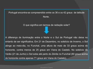 Geografia do Turismo Portugal encontra-se compreendido entre os 36 e os 42 graus  de latitude Norte.  O que significa em termos de radiação solar? A diferença de iluminação entre o Norte e o Sul de Portugal não deixa no entanto de ser significativa. Em 21 de Dezembro, no solstício de Inverno, o Sol atinge ao meio-dia, no Funchal, uma altura de mais de 33 graus acima do horizonte, contra menos de 25 graus em Viana do Castelo. No solstício de Verão (21 de Junho) o Sol sobe até perto do Zénite no Funchal (80 graus acima do horizonte contra apenas 71 graus em Viana do Castelo).  