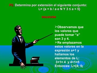 P2.P2. Determina por extensión el siguiente conjunto:Determina por extensión el siguiente conjunto:
L= {a + b / a e N Y 3 ≤ a < 5}L= {a + b / a e N Y 3 ≤ a < 5}
SOLUCIÓNSOLUCIÓN
Observamos que
los valores que
puede tomar “a”
son 3 y 4.
Re emplazamos
estos valores en la
expresión a+1 y
hallamos los
elementos de L:
3+1= 4 y 4+1=5
Entonces: L={4; 5}
 