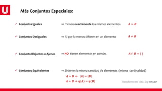  Conjuntos Iguales ⇒ Tienen exactamente los mismos elementos
 Conjuntos Desiguales ⇒ Si por lo menos difieren en un elemento
 Conjuntos Equivalentes ⇒ Si tienen la misma cantidad de elementos (misma cardinalidad)
 Conjunto Disjuntos o Ajenos ⇒ NO tienen elementos en común.
𝑨 = 𝑩
𝑨 ≠ 𝑩
𝑨 ∩ 𝑩 = { }
𝑨 ≈ 𝑩 ⇒ 𝑨 = 𝑩
𝑨 ≈ 𝑩 ⇒ 𝜼(𝑨) = 𝜼(𝑩)
Más Conjuntos Especiales:
 