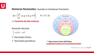 Números Racionales: cuando se introducen fracciones
Q : , Z, 0
p
p q q
q
 
  
 
 
N Z Q
 
Notación decimal
1
0.333... 0.3
3
 
 Operaciones bien definidas:
SUMA/RESTA/MULTIPLICACIÓN/DIVISIÓN
 Decimales finitos
 Decimales periódicos
=> Cociente de dos enteros
 