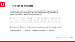 Notación de Intervalos
Un objeto es lanzado hacia arriba con una velocidad inicial de 32 pies por segundo
desde un punto que está a 20 pies sobre el nivel del piso. En la siguiente tabla se
muestran los datos de la altura del objeto al tiempo t.
t 0 .2 .4 .6 .8 1 1.2 1.4 1.6 1.8 2 2.2 2.4 2.5
altura 20 25.76 30.24 33.44 35.36 36 35.36 33.44 30.24 25.76 20 12.96 4.64 0
¿Qué representa el conjunto de números {0, .2, .4, .6, .8, 1, 1.2, 1.4, 1.6, 1.8, 2, 2.2, 2.4, 2.5}?
¿El tiempo salta de 1 a 1.2 segundos? , ¿nunca toma el valor de 1.1 o 1.01 o 1.001?
 